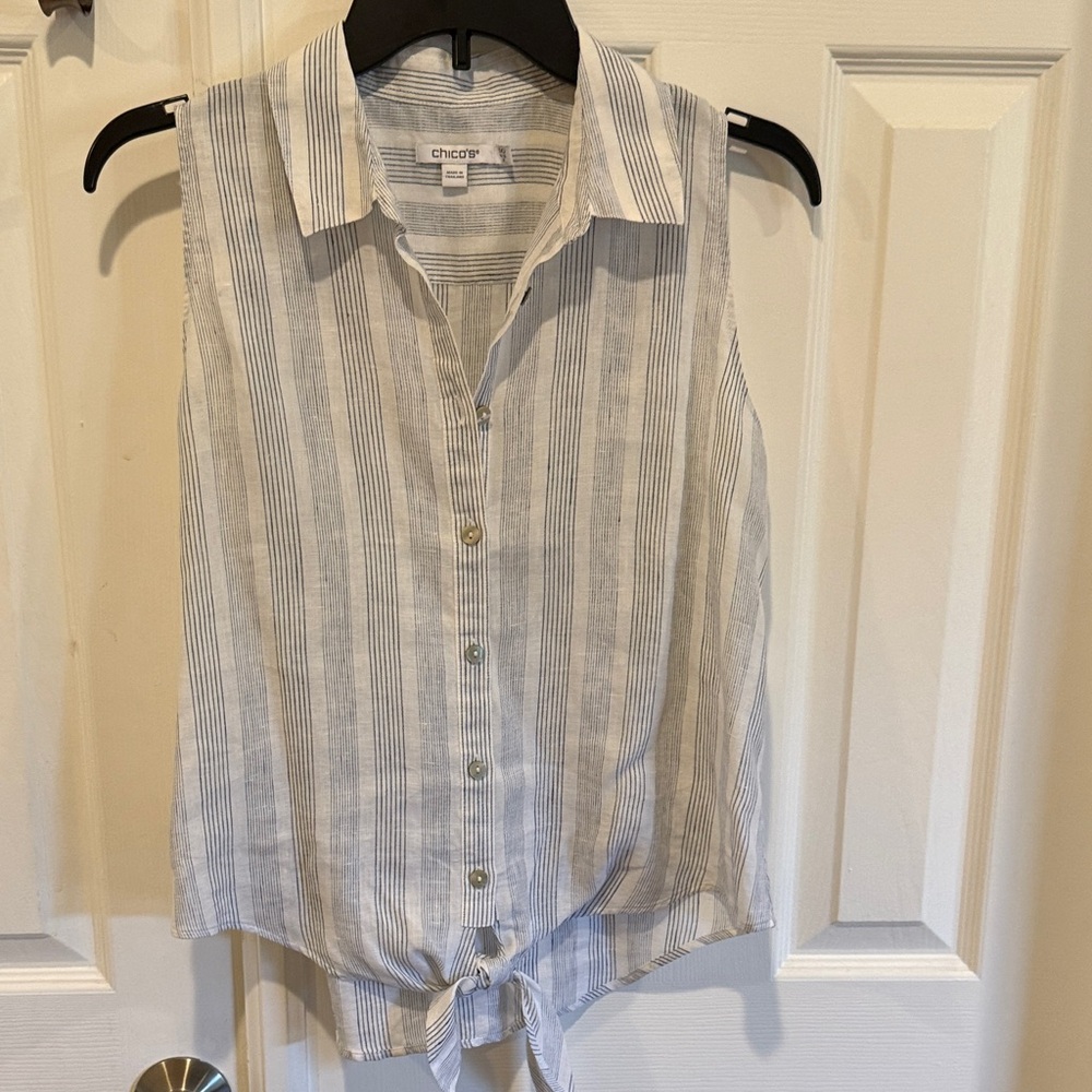 Chico's Light Blue Striped Button Down Sleeveless Shirt